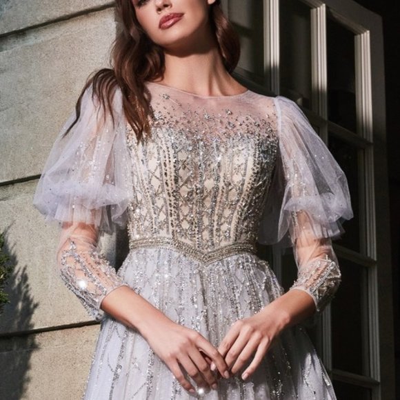 SILVER BEADED PROM PARTY WEDDING EVENING FORMAL A-LINE PUFF SLEEVE GOWN CD707 - Picture 1 of 7